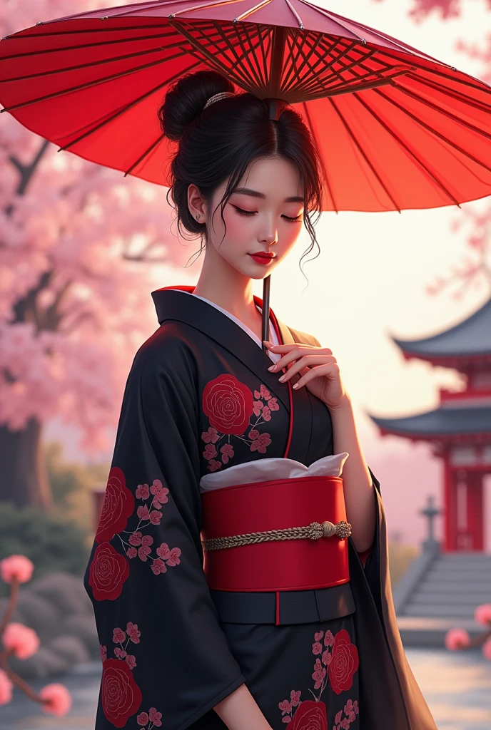 A hyper realistic Anime style portrait, Create a digital painting of an elegant woman dressed in a traditional Japanese kimono with a modern twist. The kimono is primarily black, providing a strong and sophisticated base, and features red and pink cherry blossom patterns that add warmth and delicacy. The red obi (belt) complements the kimono and adds a vibrant contrast. The woman is holding a large red umbrella above her, with subtle highlights that suggest sunlight filtering through. Her eyes are closed, exuding grace and serenity, and her hair is styled in a neat updo with soft waves. The background should depict a serene Japanese garden with cherry blossom trees in full bloom and a traditional pagoda structure in muted reds, with soft pastel hues creating a peaceful atmosphere. The textures should be smooth and polished, with the kimono appearing silky and luxurious, and the cherry blossoms delicate and soft. The overall atmosphere should be calm and sophisticated, with a harmonious blend of colors and textures that emphasize the character’s elegance and the serene setting