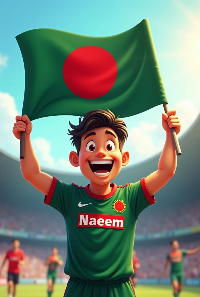 Bangladesh flag in hand and Bangladesh jersey with "Naeem" written on the front of the jersey cartoon picture