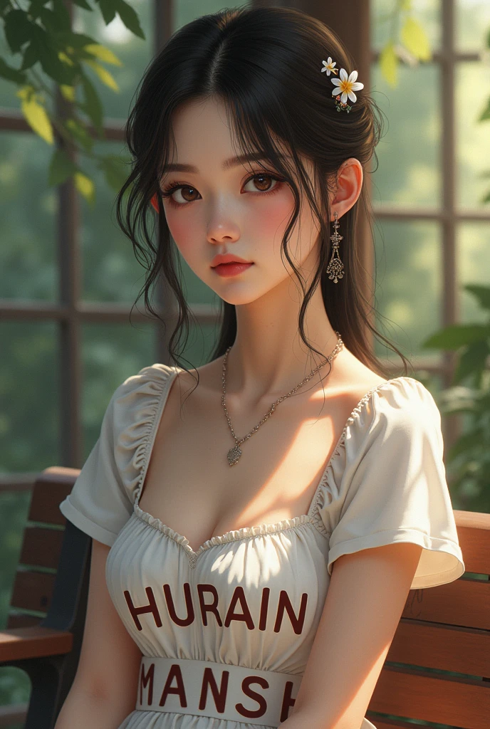 A beautiful girl whose name is HURAIN written on her clothes or a handsome boy whose name is HIMANSHU written on his clothes. or both of them are looking towards the front or are sitting on the bench.