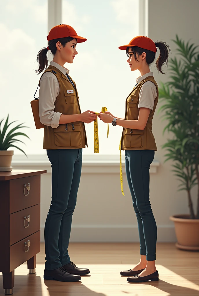Textile delivery girl reached your office for measuring you with a tape for stiching clothes