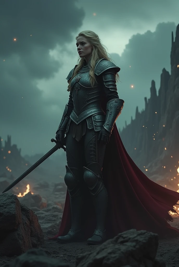 dark fantasy, somber atmosphere, the battle quiets as the storm begins to subside, leaving behind a scorched and desolate battlefield, a Blonde warrior woman, Xeena, pale skin, full plate armor with intricate designs, sword held in one hand, stands amidst the devastation, her armor battered but her resolve unbroken, the camera slowly zooms in on her face, showing a mixture of exhaustion and determination, the sky above is still dark, but the first stars begin to peek through the clouds, the scene is calm but heavy with the weight of what has transpired, preparing for the final, reflective moments of the song, wide angle shot of the landscape