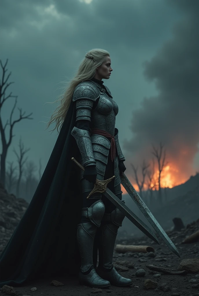 dark fantasy, somber atmosphere, the battle quiets as the storm begins to subside, leaving behind a scorched and desolate battlefield, a Blonde warrior woman, Xeena, pale skin, full plate armor with intricate designs, sword held in one hand, stands amidst the devastation, her armor battered but her resolve unbroken, the camera slowly zooms in on her face, showing a mixture of exhaustion and determination, the sky above is still dark, but the first stars begin to peek through the clouds, the scene is calm but heavy with the weight of what has transpired, preparing for the final, reflective moments of the song, wide angle shot of the landscape