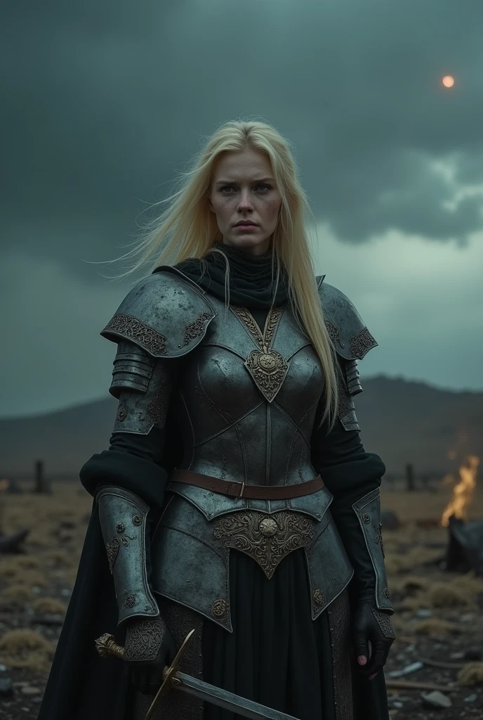 dark fantasy, somber atmosphere, the battle quiets as the storm begins to subside, leaving behind a scorched and desolate battlefield, a Blonde warrior woman, Xeena, pale skin, full plate armor with intricate designs, sword held in one hand, stands amidst the devastation, her armor battered but her resolve unbroken, the camera slowly zooms in on her face, showing a mixture of exhaustion and determination, the sky above is still dark, but the first stars begin to peek through the clouds, the scene is calm but heavy with the weight of what has transpired, preparing for the final, reflective moments of the song, wide angle shot of the landscape