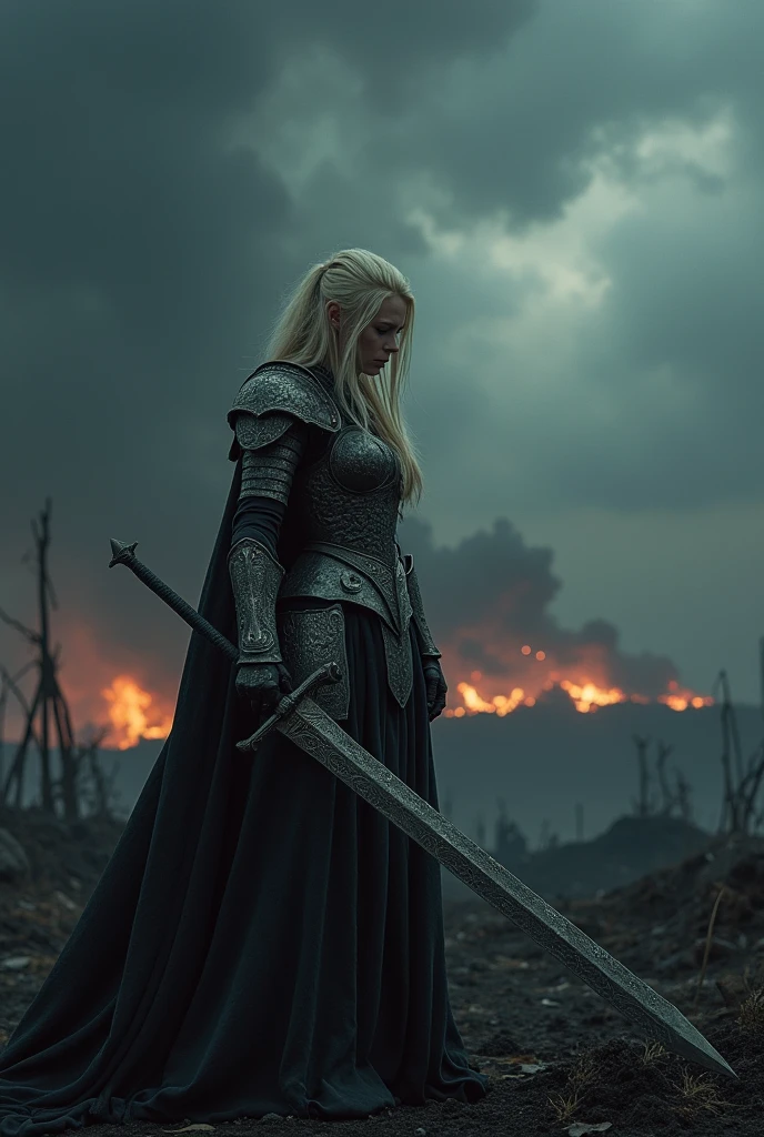 dark fantasy, somber atmosphere, the battle quiets as the storm begins to subside, leaving behind a scorched and desolate battlefield, a Blonde warrior woman, Xeena, pale skin, full plate armor with intricate designs, sword held in one hand, stands amidst the devastation, her armor battered but her resolve unbroken, the camera slowly zooms in on her face, showing a mixture of exhaustion and determination, the sky above is still dark, but the first stars begin to peek through the clouds, the scene is calm but heavy with the weight of what has transpired, preparing for the final, reflective moments of the song, wide angle shot of the landscape