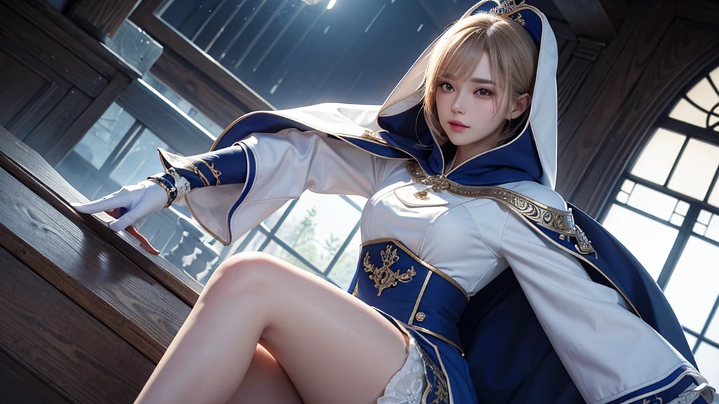 South korea women mystery hooded on with modern royal Blue coat with buttons and royal Blue cape and very high white heel over the knee and white gloves, As she reveals a small secret hidden blade, adding to the character’s mysterious and agile appearance, in summer at night under the rain, with buildings featuring curved eaves and detailed architecture. The scene is set at night, intricate detail, ultra detail, incredible detail, intricate detail, extremely detailed and intricate, super max, masterpiece, best quality, HDR, UHD, unreal engine. , beautiful face, Rich in details High quality, gorgeous, captivating, 8k, super detailed, stunning shadows, detailed lines