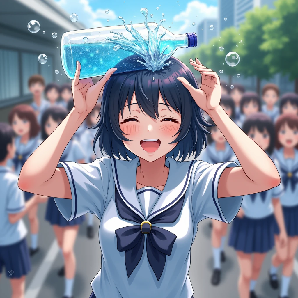 (masterpiece, best quality,ultra highres),
(Girl pouring water from a plastic bottle over her head),cheerfully,splash,bubbles,
summer school uniform,
fullbody,from above,
lots of mob students,
BREAK smile,(girl,16yo,detailed face,(darkblue-hair,wavy-short hair),closed eyes,middle thick eyebrows,joy,middle small breasts),fullbody,