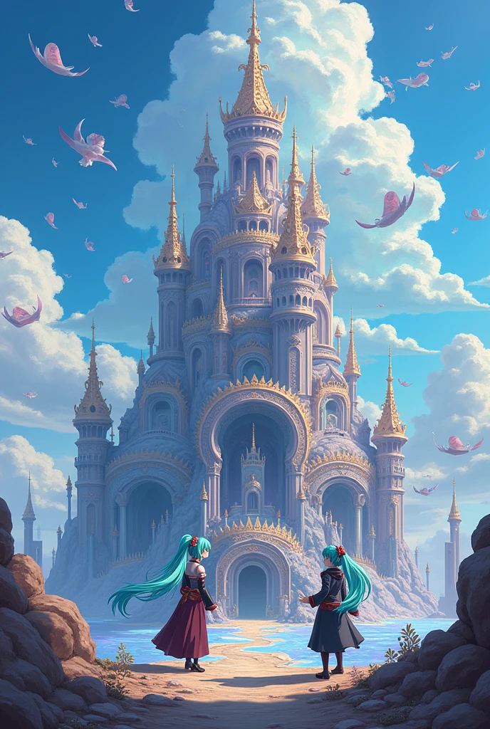 Hatsune Miku and Satoru Gojo building a castle
