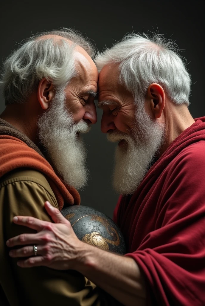 man with helmet in hands, arms stretched, presses helmet against the forehead of another elderly man.
