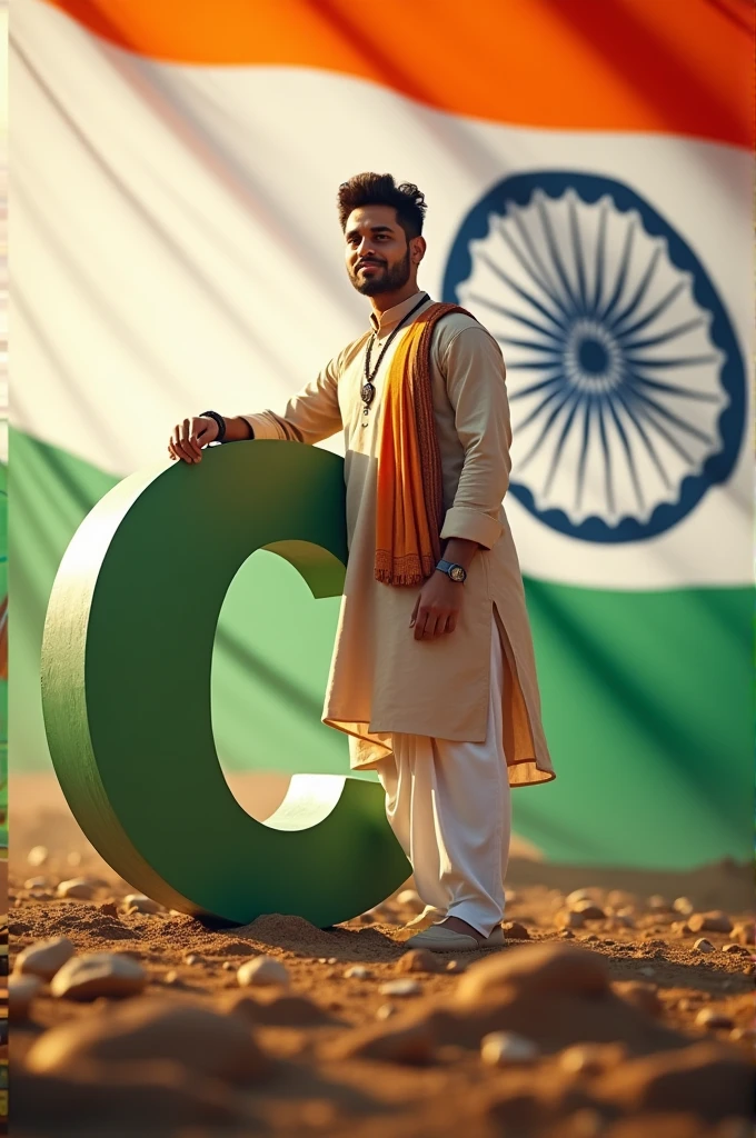 A 20 year old boy standing next to a big letter C with Indian flag in the background on the occasion of 15th August