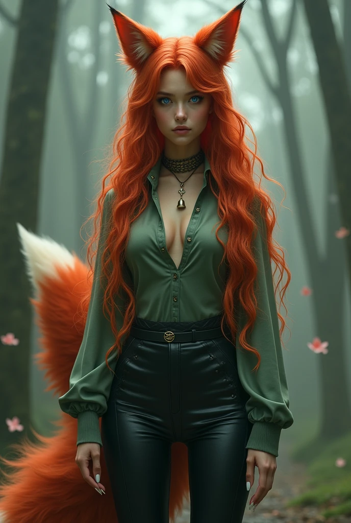 Kitsune in human form, long curly copper red hair, red tail, red cat ears, violet cat eyes, a necklace with a bell hanging around the neck, Caucasian skin, leather pants, tight blouse in leaf green, black leather boots and very long, sharp nails