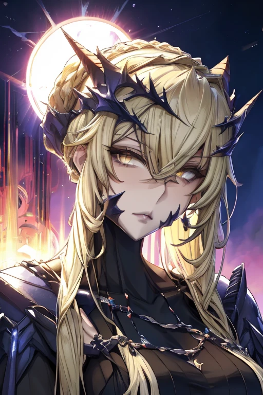 solo, (best quality,highres:1.2),detailed portrait,dark and mysterious,Arturia Pendragon from Fate/Grand Order, LancerAlter,glowing yelow eyes,flowing hair,armor,crown of thorns,moonlit background,dramatic lighting,sacred aura, Artorias, dark black and red armor