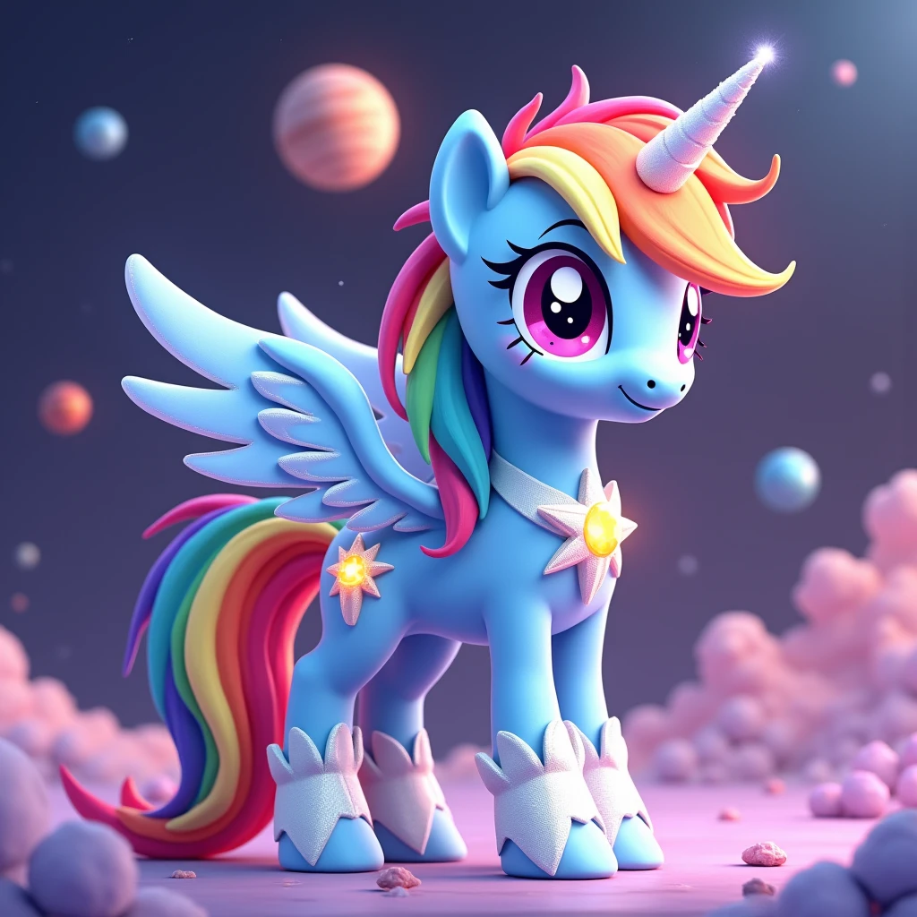 Pony(Rainbow Dash), cute, astralcorn, medium pegasus pony, 8K quality, best resolution, good CGI, work of art, adorable, round legs, unreal engine, universe, galaxy, several planets, sky-blue skin, long, well-detailed hair, long tail, rainbow-colored tail and hair(red, orange, yellow, green, blue and purple), relatively short mane and styled in a stripped-down way, large, expressive and very beautiful pink eyes, large, powerful, very beautiful wings, with the same coloring as the skin, deity, creator of the ponies, very stylish, detailed and shiny celestial armor, armor made with mythical ores and jewels, rare, expensive, very detailed, very beautiful and perfect. Stylish, beautiful, cute and detailed galactic details all over the pony's body. Cutie mark with a completely white and feminine face (like Rainbow Dash's face, but white), with a very pretty crown and galactic details, the cutie mark must represent the entire MLP galaxy, the cutie mark is very bright. She must be wearing armor on all 4 legs, a helmet and a breastplate, the armor is celestial, it is very well detailed, with galactic details, very precious, rare, mythical, exotic, with very expensive and extremely beautiful jewels and divine ores, the armor is in the style of Saint Seiya.