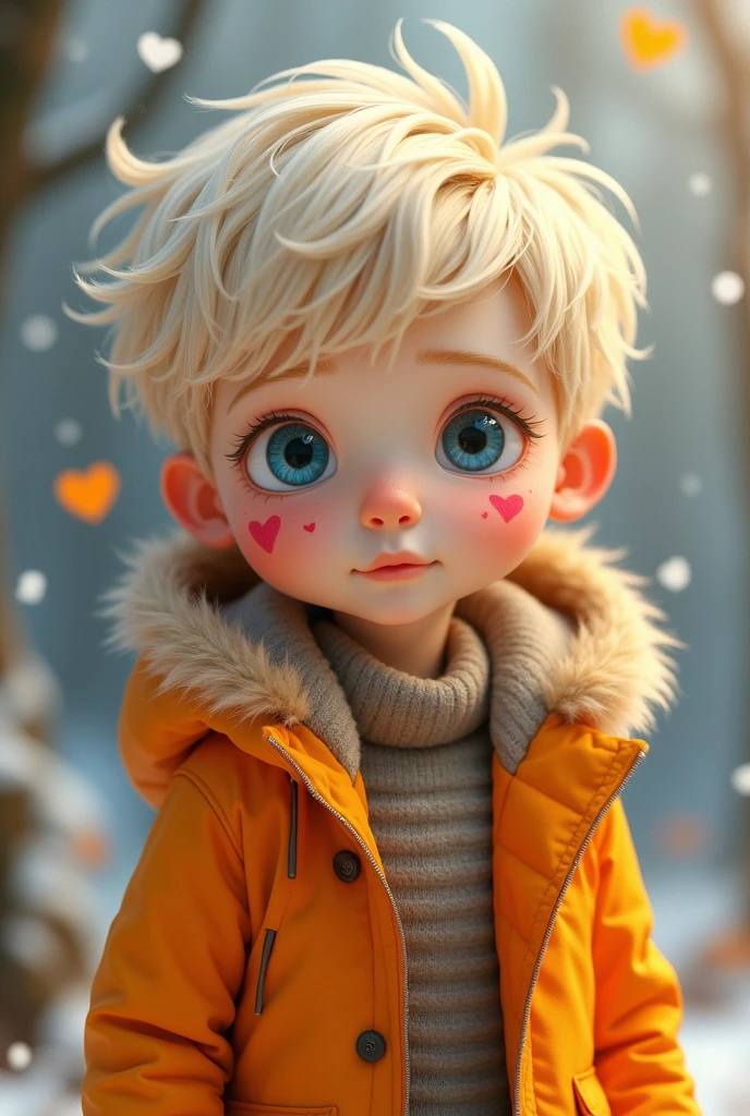 Young blond boy with blue eyes, White skin and pink spots on her skin in the shape of a heart, wears an orange parka. Animation style