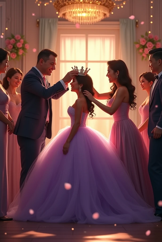 Quinceañera in lilac dress and parents crowning her