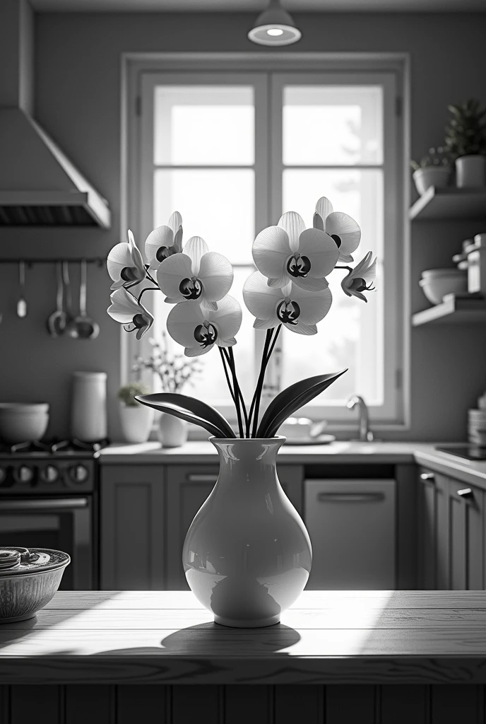 A kitchen that contains perspective seen from one side in the middle of the kitchen there is a vase that stands out since it is more illuminated than the kitchen inside the vase there are flowers while in the kitchen there are objects and utensils around it, all in black and white That it looks realistic and the vase has enough lighting since it is in front of a window that the vase is on a table and is made of porcelain or ceramic and that you can see the material it is made of that it contains orchid flowers that the background is well decorated and that the vase looks more realistic that in the background you can see an oven with a dishwasher that the dishwasher has plates and glasses, everything in detail and with a lot of things on top