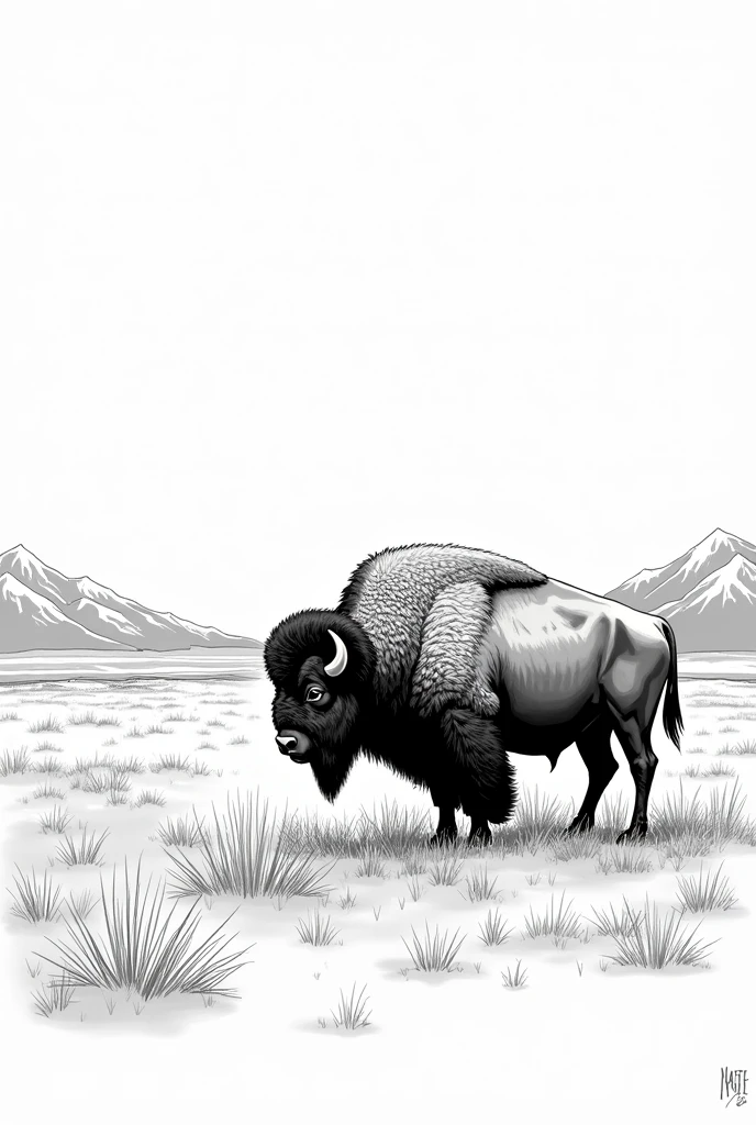 A lone bison, Artwork in the style of Nate Bellegarde. Western comics, Wyoming landscape, black and white line work.
