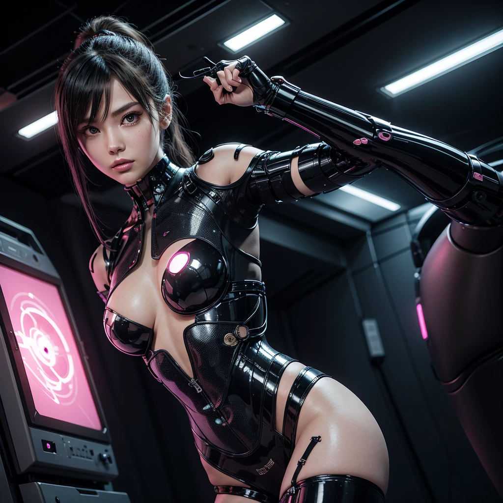 “Draw a contemporary manga-style image of a woman with a bionic, cybernetic arm in a cartoonish, non-realistic style. She should exude a strong, sexy aura, wearing stylish and revealing clothing that highlights her confidence and allure. She wears pink-tinted sunglasses that add a touch of mystery and modernity to her look. Her cybernetic arm should be sleek and futuristic, with intricate details like glowing circuits and metallic plating. The overall style should be visually striking, blending the sensuality of her appearance with the advanced technology of her bionic arm, all rendered in a playful, animated style that is distinctly non-realistic.”