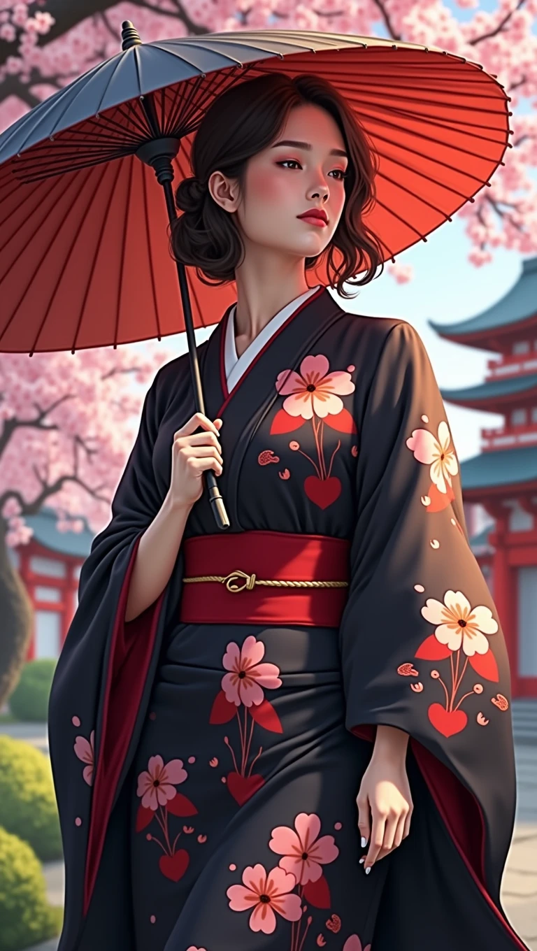 A hyper realistic Anime style portrait, Create a digital painting of an elegant woman dressed in a traditional Japanese kimono with a modern twist. The kimono is primarily black, providing a strong and sophisticated base, and features red and pink cherry blossom patterns that add warmth and delicacy. The red obi (belt) complements the kimono and adds a vibrant contrast. The woman is holding a large red umbrella above her, with subtle highlights that suggest sunlight filtering through. Her eyes are closed, exuding grace and serenity, and her hair is styled in a neat updo with soft waves. The background should depict a serene Japanese garden with cherry blossom trees in full bloom and a traditional pagoda structure in muted reds, with soft pastel hues creating a peaceful atmosphere. The textures should be smooth and polished, with the kimono appearing silky and luxurious, and the cherry blossoms delicate and soft. The overall atmosphere should be calm and sophisticated, with a harmonious blend of colors and textures that emphasize the character’s elegance and the serene setting