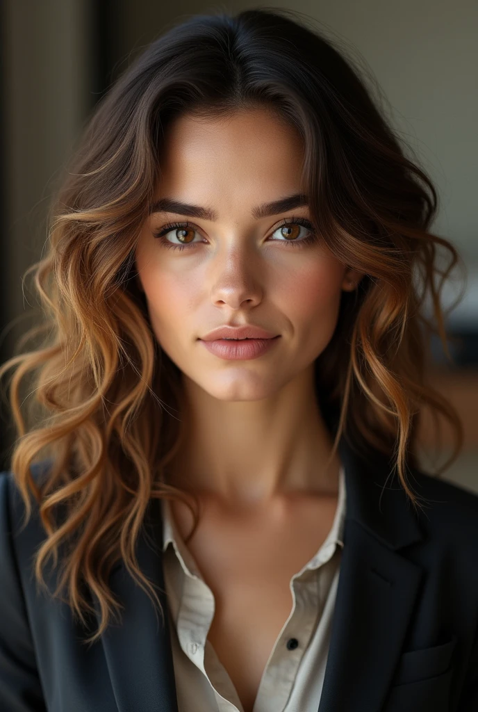 Girl, an oval and more defined face, with slightly more pronounced cheekbones. Her clear and soft skin. his eyes, large and chestnut , a deep and confident look, with dark eyebrows, fine and well defined, thick.
Her straight nose is proportional and harmonious with the rest of her features.. The lips, Natural pink color, with its shape defined especially in the upper lip.
Curly and voluminous hair highlighting, but I could wear it in a more polished and professional style, Chestnut colored with golden highlights.
La Girl debe acercarse a los 30 años y en la imagen se debe notar su profesión criminologia
La imagen debe ser realiste