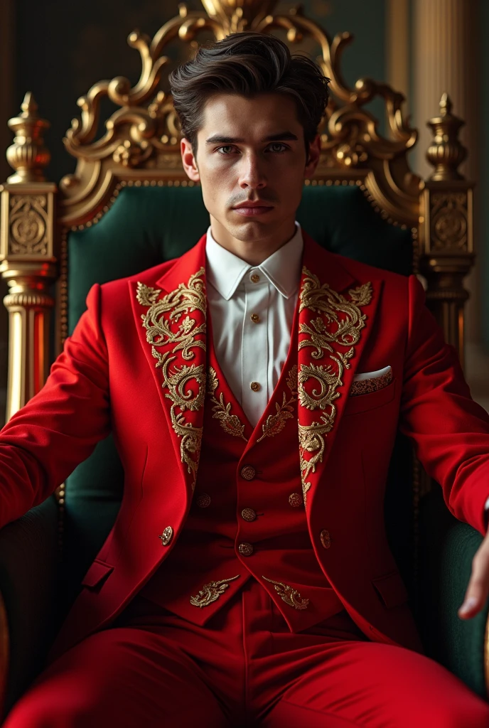 Young Man at his finest red suit, with beautiful design, sitting at a throne, and has a serious glare, fixed light composition, with beautiful details