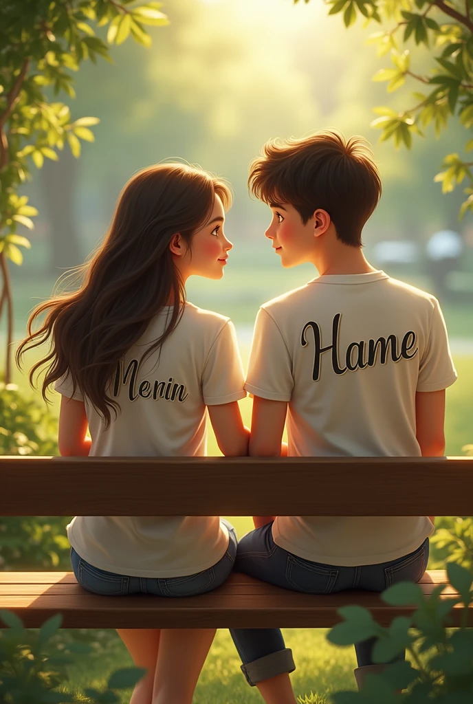 A beautiful girl whose name is HURAIN written on her clothes And A handsome boy whose name is HIMANSHU written on his clothes. or both of them are looking towards the front or are sitting on the bench.