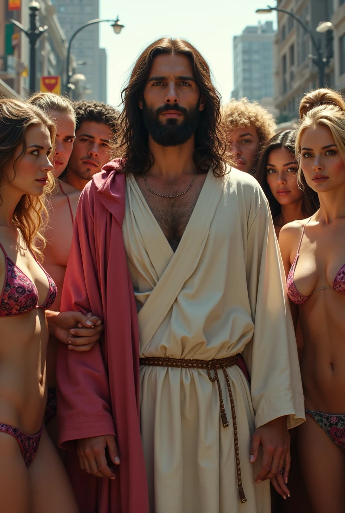 Jesus Christ in the year 2024 surrounded by transvestites