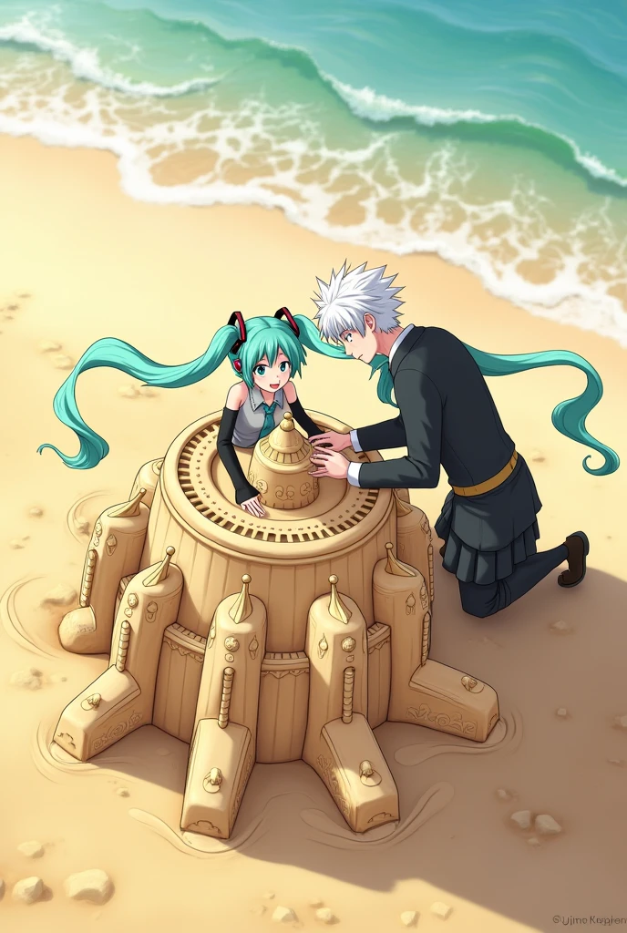 Hatsune Miku and Gojo Satoru Building a Sand Castle

