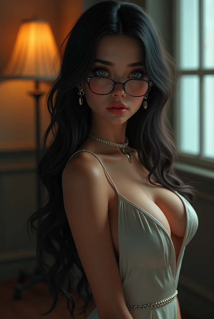 1girl, milf, big breasts, long hair, glasses, backless dress, front view, (full body pose), detailed eyes, naked breasts, detailed lips, extremely detailed face, longeyelashes, elegant, graceful, beautiful, photorealistic, 8k, masterpiece, hyper detailed, intricate details, cinematic lighting, vibrant colors, dramatic composition, dramatic lighting, chiaroscuro