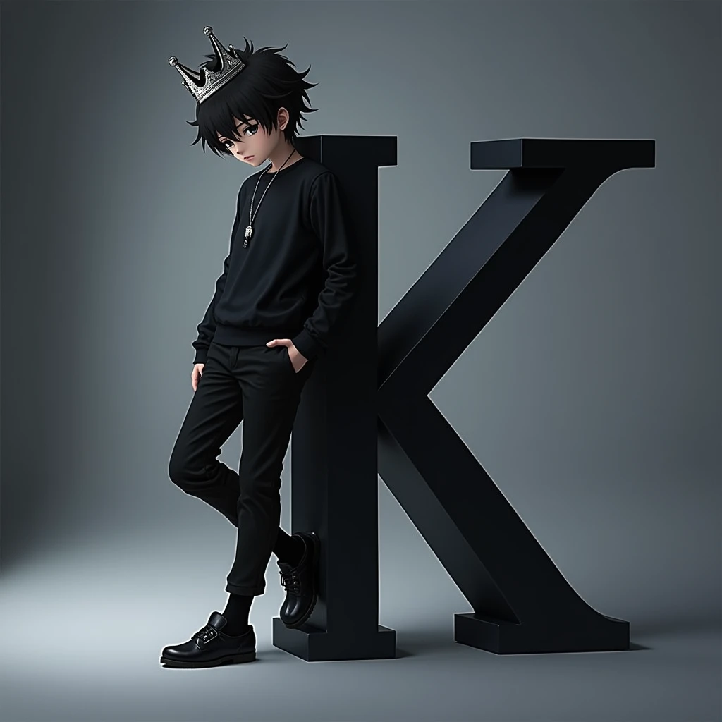 Light skinned anime boy, black hair with a crown on his head leaning on the letter K and looking down the letter along with the background is black as the abyss 