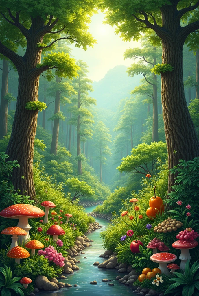 Generate an image of forest goods and services. Easy to sketch.