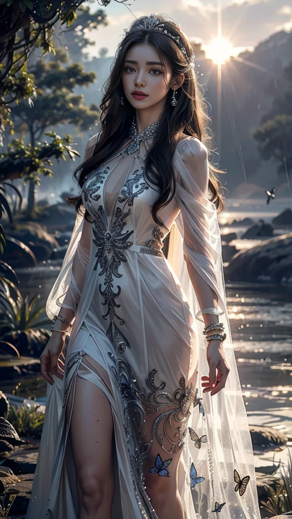 4K, UHD, Masterpiece, 1 girl, good face, detailed eyes, ((very long hair)), bridal hairstyle, butterfly on hair, ornaments, crystal ornaments, jwellery, block print dress, ((black and white dress)), very detailed dress, strap dress, flowing cape, mesh stocking, cinematic unreal scenery, legendary scenery, rainy weather, wet ground, depth of field, ray tracing, bloom, god rays, lens flare, sun flare, cinematic pose,