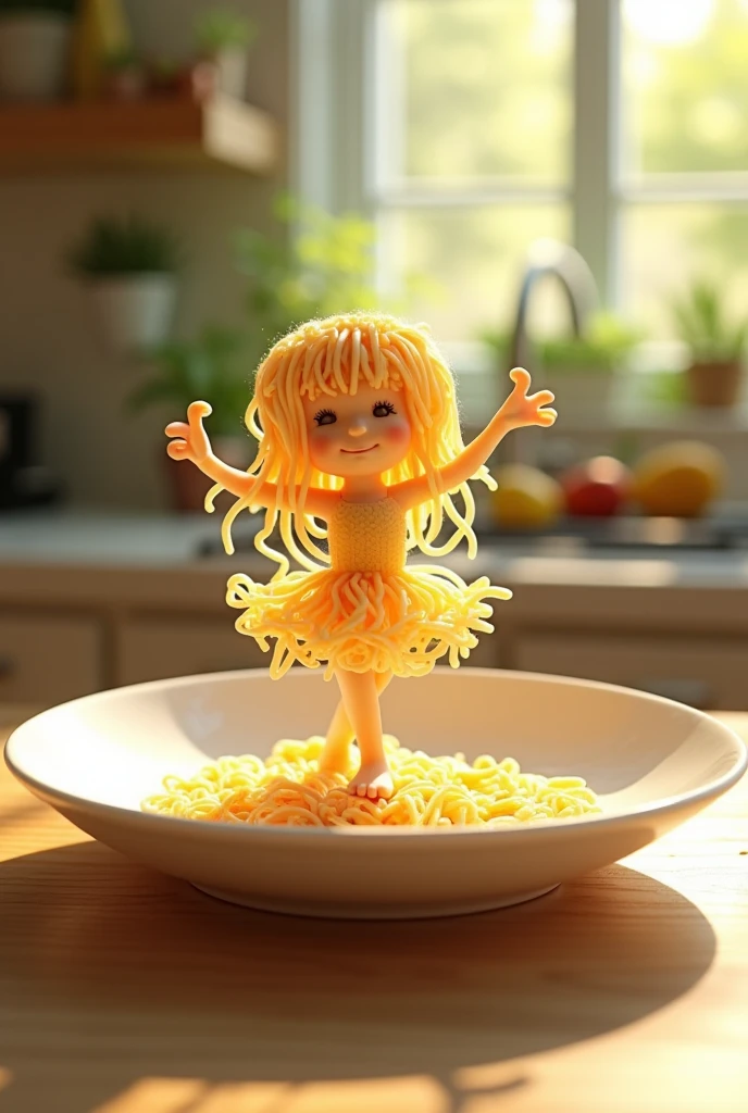 " A whimsical miniature figure composed
of delicately arranged noodles poised in a carefree dance on the rim of a plate white shiny plate set on a table vibrant kitchen backdrop. where dappled sunlight tilters through the canopy above
Casting intricate shadows. the overall aesthetic is ethereal. with warm. earthy large size