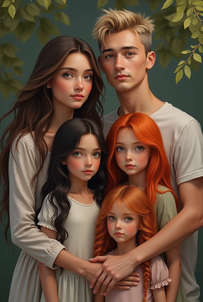 Girl with brown hair of 20 years with a man of 20 years with blond hair and with 4 daughters one less than 4 years with black hair and the other sister 5 years black hair the other sister 10 years with black Lazio hair and the other 16 years orange hair and half red 4 sisters but they are all very realistic 4 daughters 4