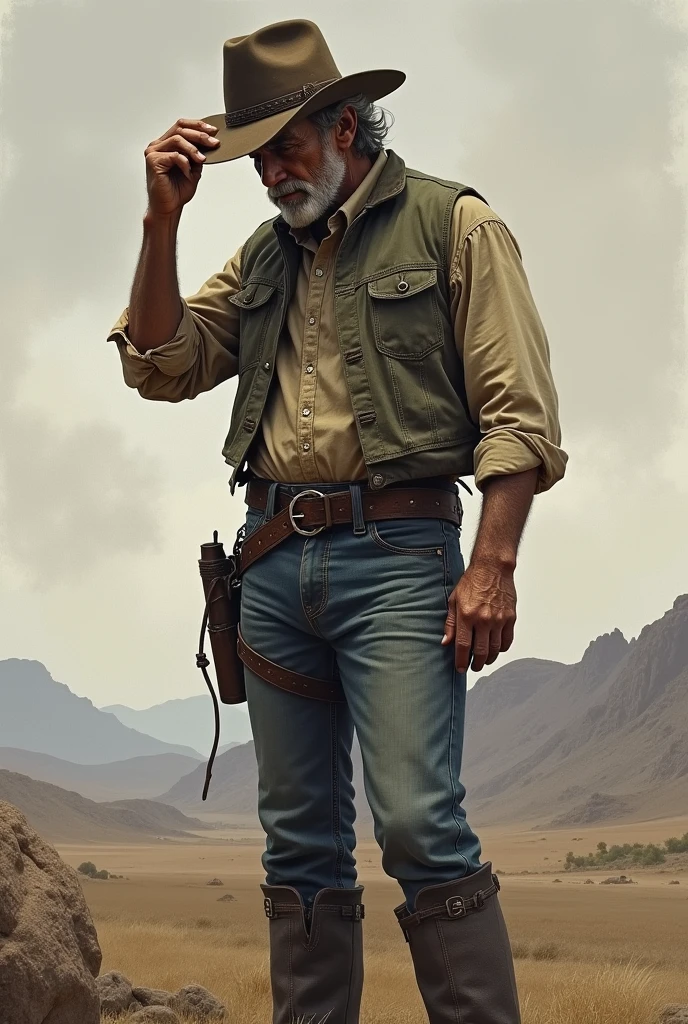 drawing of a cowboy with a sad expression and his hand on his hat looking down