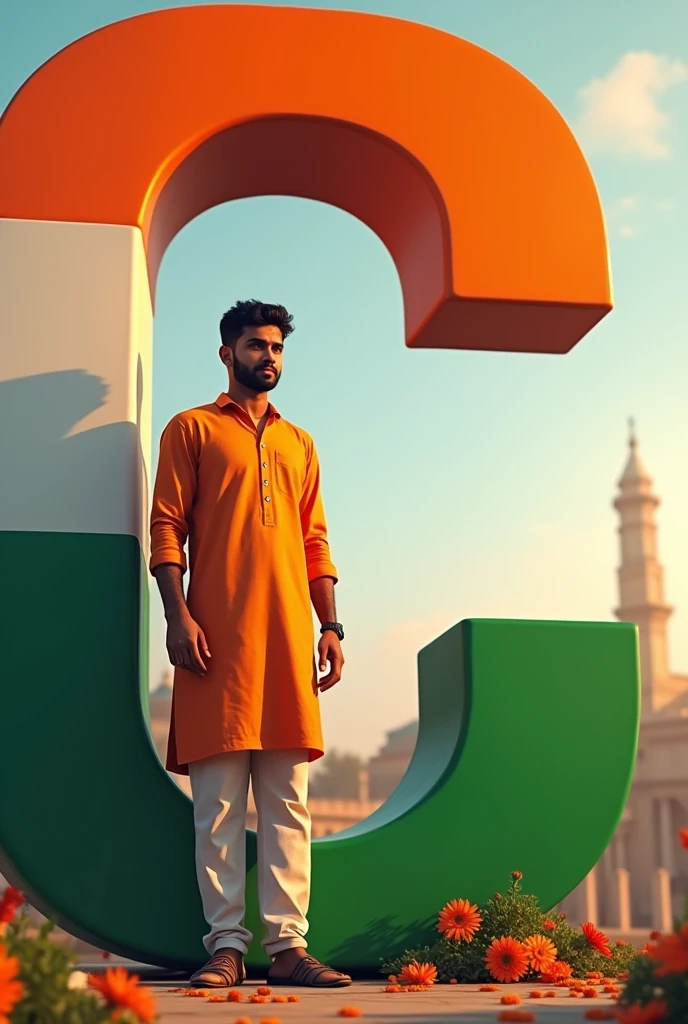 A 20 year old boy standing next to a big letter C with Indian flag in the background on the occasion of 15th August