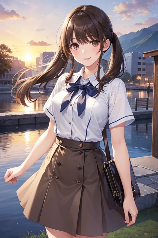 anegasaki nene、Shiny brown hair, High Twintails、 (Beautiful brown eyes、Sparkling eyes, Fine grain)、smile、Ultra-detailed eyes、Highly detailed face, Highly detailed eyes,
(masterpiece,Highest quality,High resolution,Highest quality,Super Details),8k,wallpaper,An illustration,
Sunset First Note、
。 ||
masterpiece, Highest quality, High resolution, What's next, One girl, Long Hair, Long legs, chest, bangs, large chest, High Waist Skirt, White shirt, Short sleeve, Outdoor, bag, smile,