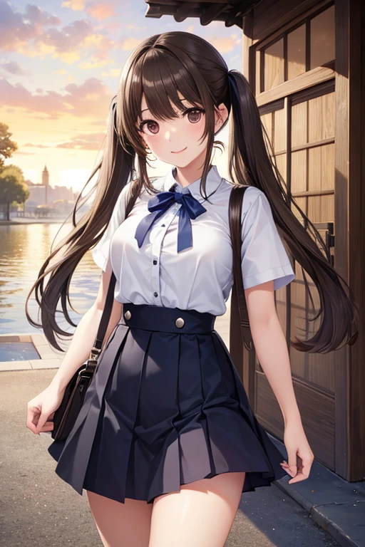 anegasaki nene、Shiny brown hair, High Twintails、 (Beautiful brown eyes、Sparkling eyes, Fine grain)、smile、Ultra-detailed eyes、Highly detailed face, Highly detailed eyes,
(masterpiece,Highest quality,High resolution,Highest quality,Super Details),8k,wallpaper,An illustration,
Sunset First Note、
。 ||
masterpiece, Highest quality, High resolution, What's next, One girl, Long Hair, Long legs, chest, bangs, large chest, High Waist Skirt, White shirt, Short sleeve, Outdoor, bag, smile,