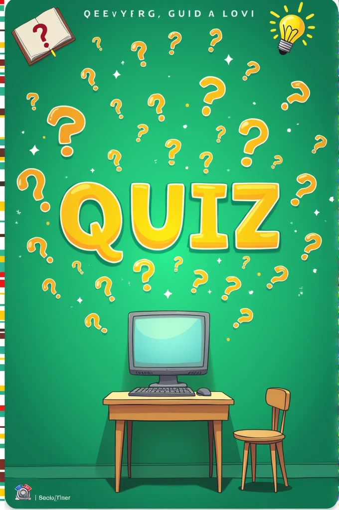 Design a poster of green color for quiz which is a for a college event with elements of computer, alphabets, riddles, , numbers, etc