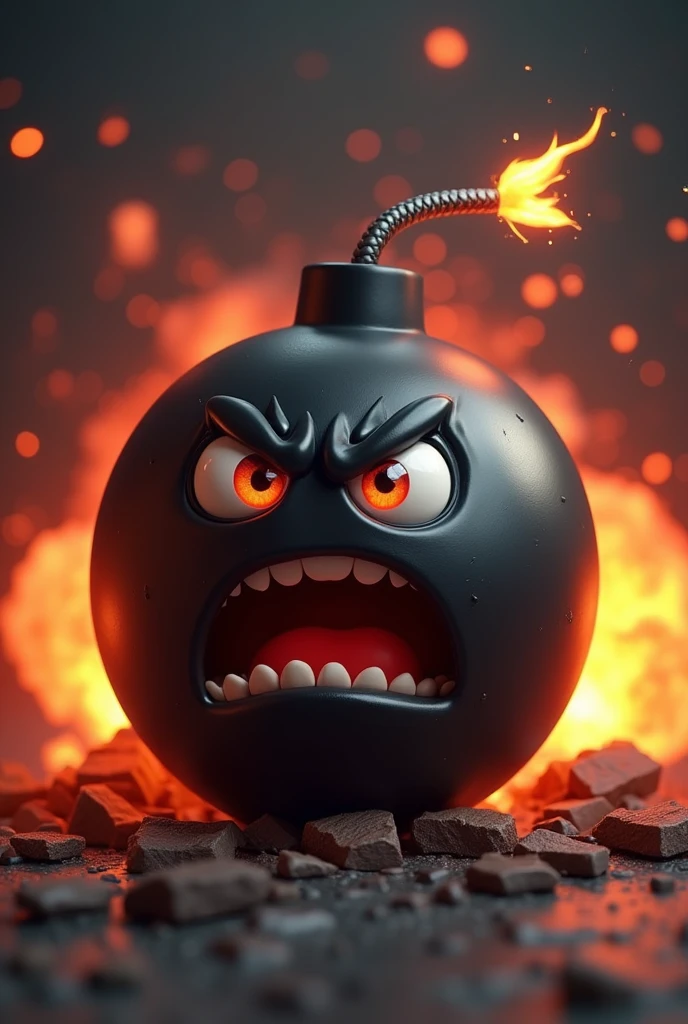 A black bomb about to explode, in 3D style . The bomb must have eyes and a mouth, where her expression is angry.