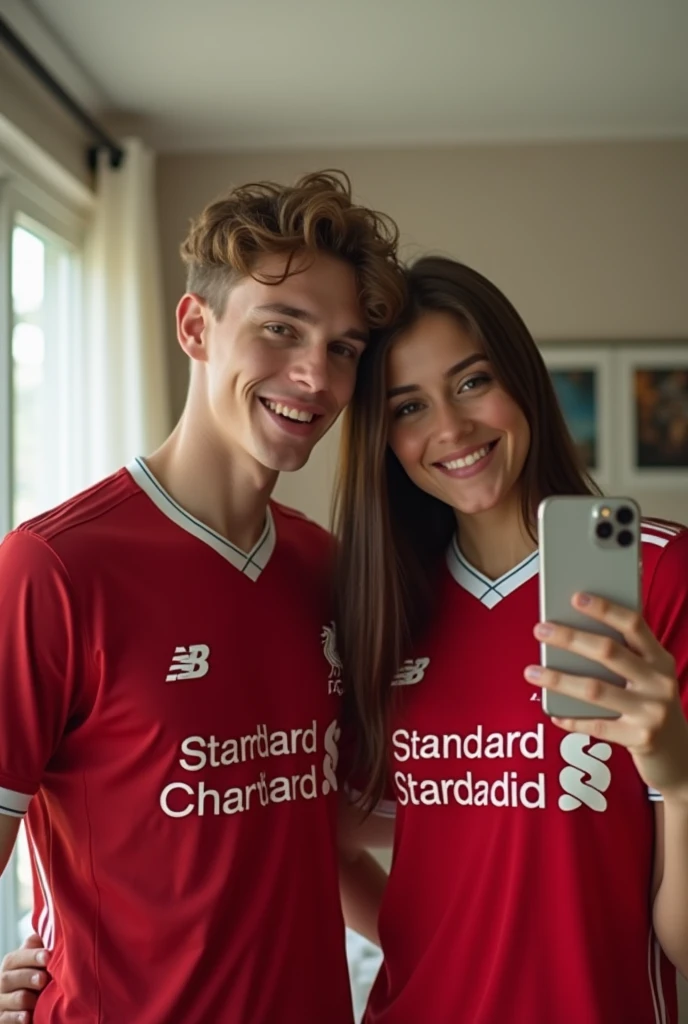 A 22 years old boy, who wear a Liverpool Jersey.. And and a 20 years girl who wear a real madrid 2024 home kit Jersey.. They are couple and
They click mirror selfie