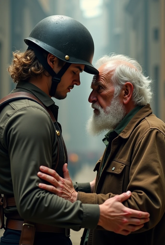 young man with helmet in hands arms outstretched presses helmet against forehead of another elderly man without helmet.