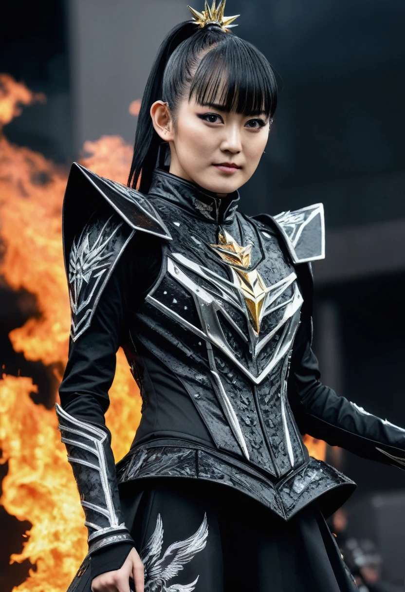 an upperbody close-up realistic shot with ultra detailed photo of sumetal from babymetal, ponytail, wearing a black metal suit , dark future battlefield background, ,heavy_jacket,Fire Angel Mecha. hyper realistic photo, UHD quality. hyper realistic photo, UHD quality., focus,more detail XL., ,suzuka,bm