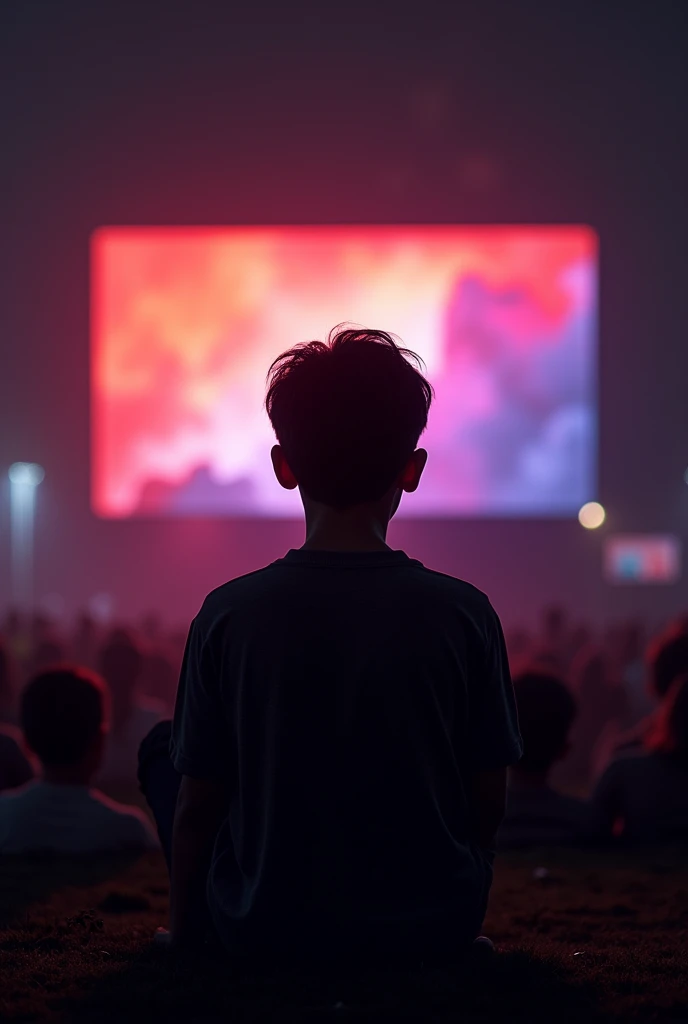  image of a genz boy (back view) watching Netflix on phone. the phone needs to have a larger than life perspective as if the boy was infront of a theatre screen. Keep it to night light with shades of black,red, purple .
