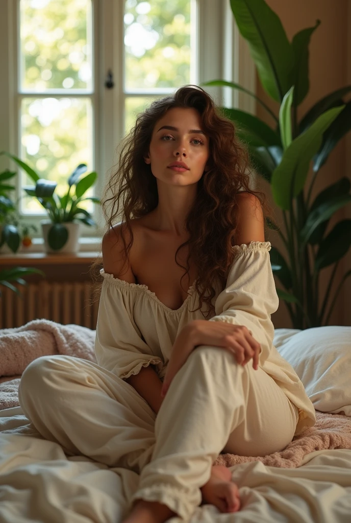 (photorealism:1.2), beautiful woman, sitting on bed, wearing loose off-shoulder top, pajama pants, long curly hair, indoors, soft lighting, plants in background, window with sunlight, cozy room, relaxed pose, realistic, intricate details, warm colors, by Greg Rutkowski, by Alphonse Mucha
