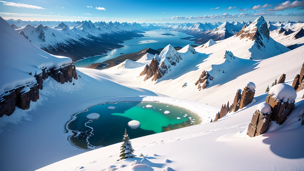 Panoramic view from the perspective of someone standing on top of a very high mountain, everything is snowy. Below you can see a very large lagoon with silver-colored water..