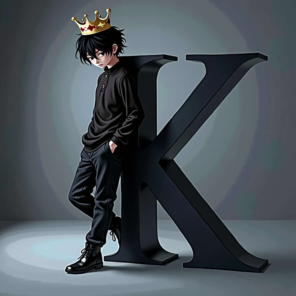 Light skinned anime boy, black hair with a crown on his head leaning on the letter K and looking down the letter along with the background is black as the abyss