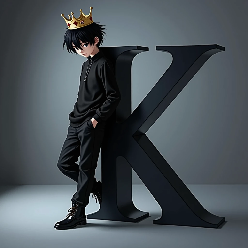 Light skinned anime boy, black hair with a crown on his head leaning on the letter K and looking down the letter along with the background is black as the abyss 