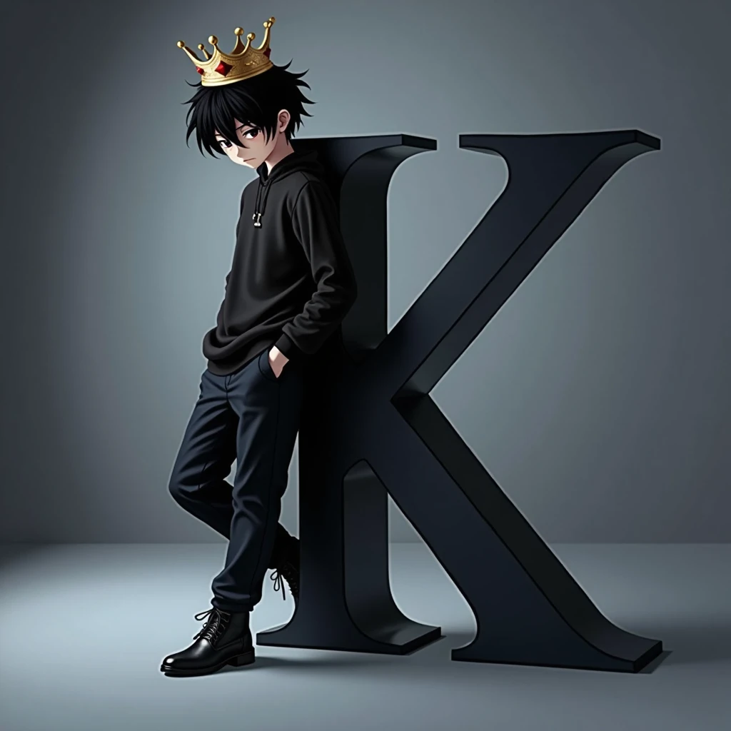 Light skinned anime boy, black hair with a crown on his head leaning on the letter K and looking down the letter along with the background is black as the abyss