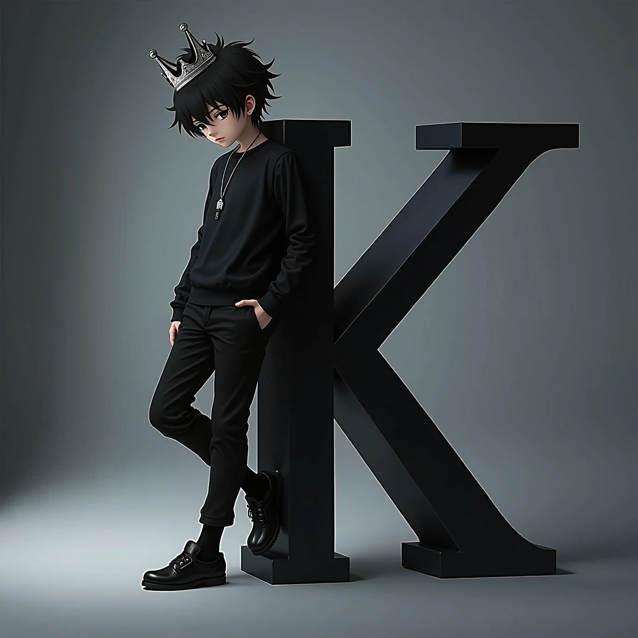 Light skinned anime boy, black hair with a crown on his head leaning on the letter K and looking down the letter along with the background is black as the abyss 