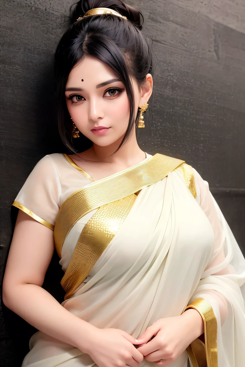 Sexy woman, black hair tied in a bun, smokey eyes, eyeliner, blushing intensely, fairest skin, plump face, soft lips, gold blouse, white saree with gold borders, pinned against a wall